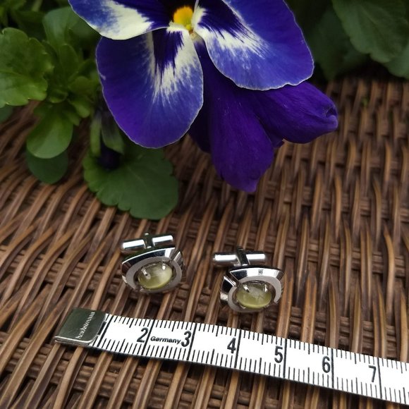 Vintage 80s silver art deco cuff links green oval stone - Picture 2 of 3